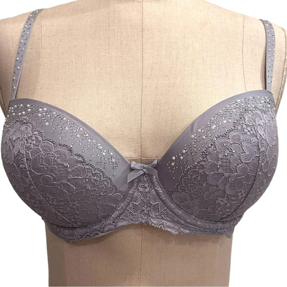 New Victoria’s Secret Dream Angels Rhinestone Pearl Demi Gray Bra Size 32DD - Picture 12 of 12